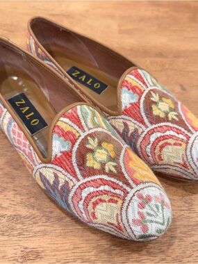 ZALO Floral Brocade Loafer Flats Womens 8.5M Embroidered Slip-On